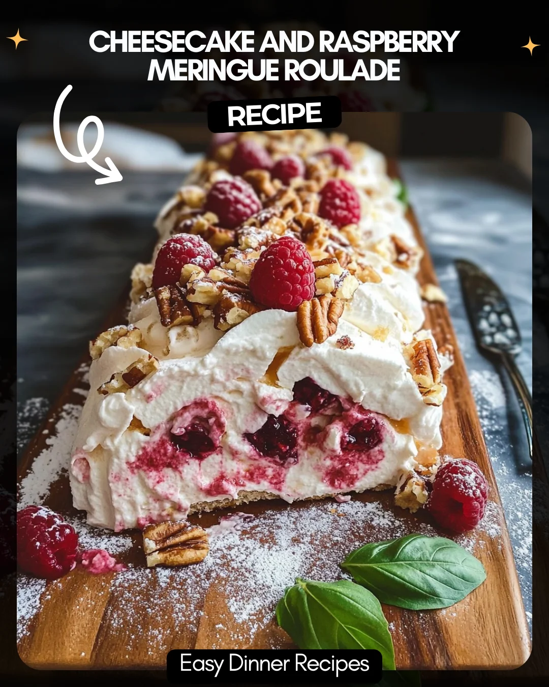 Cheesecake and Raspberry Meringue Roulade