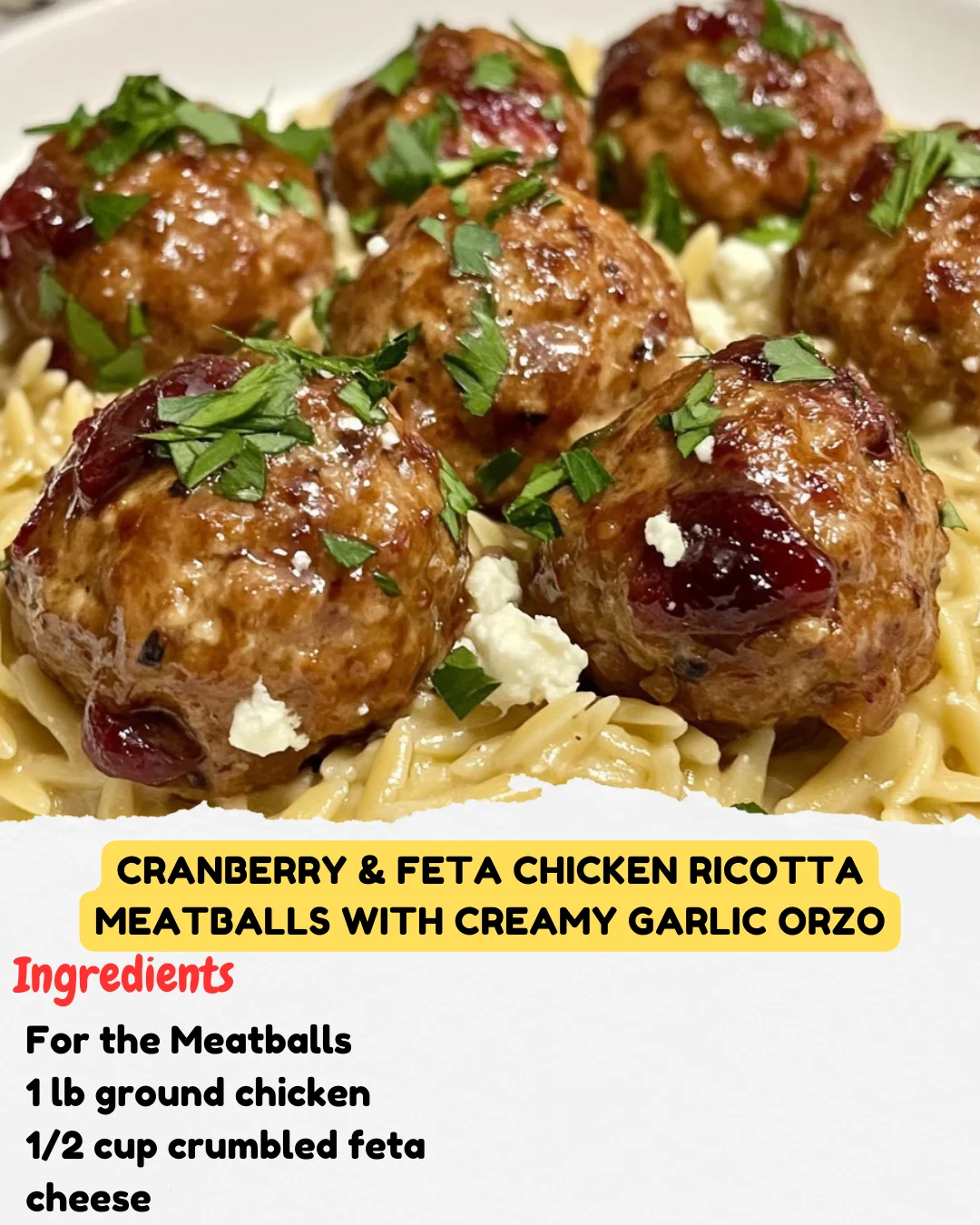 Cranberry & Feta Chicken Ricotta Meatballs with Creamy Garlic Orzo