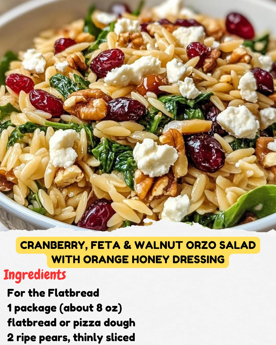 Cranberry, Feta & Walnut Orzo Salad with Orange Honey Dressing