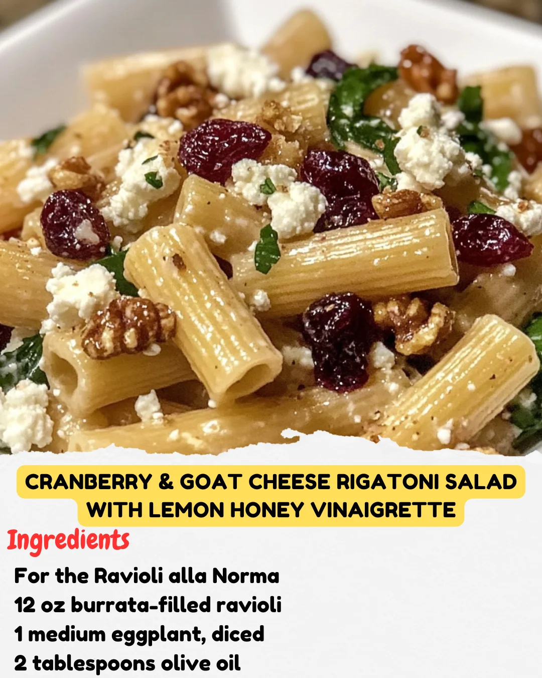 Cranberry & Goat Cheese Rigatoni Salad with Lemon Honey Vinaigrette