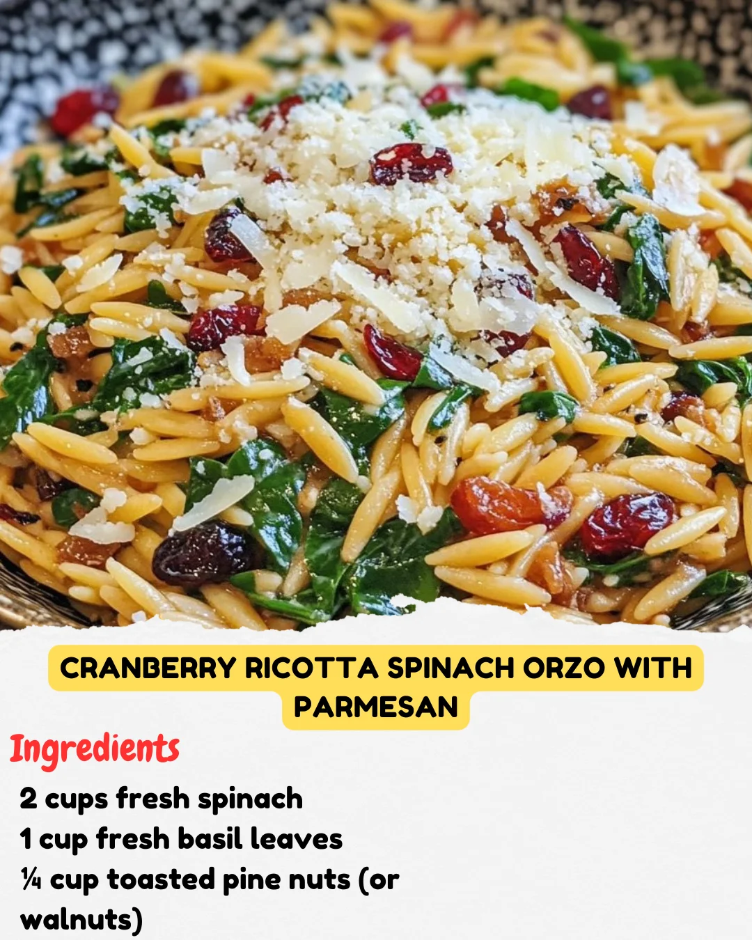 Cranberry Ricotta Spinach Orzo with Parmesan