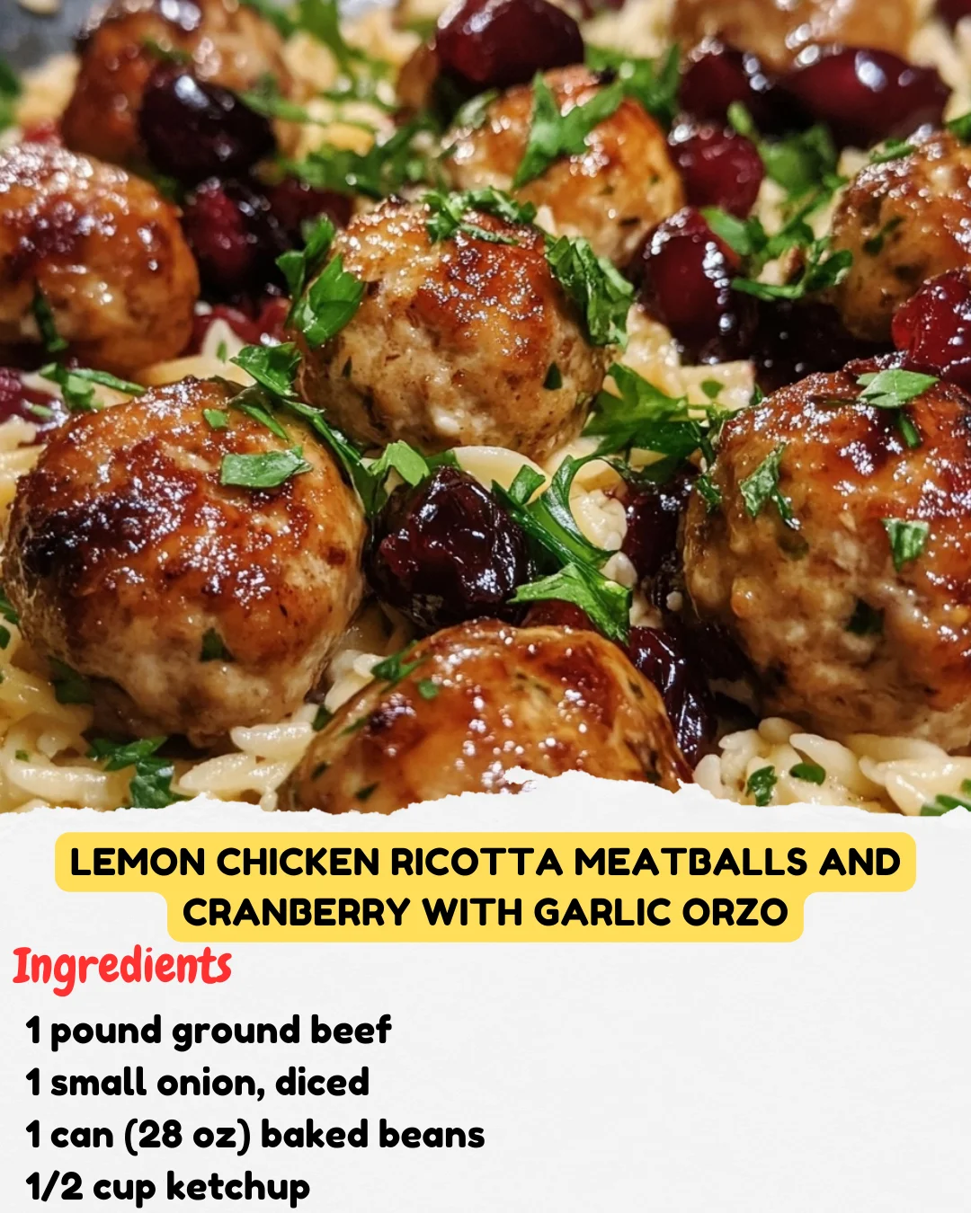 Lemon Chicken Ricotta Meatballs and Cranberry with Garlic Orzo