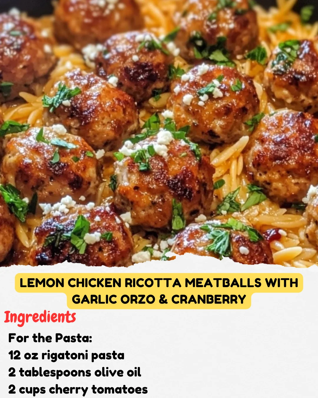 Lemon Chicken Ricotta Meatballs with Garlic Orzo & Cranberry