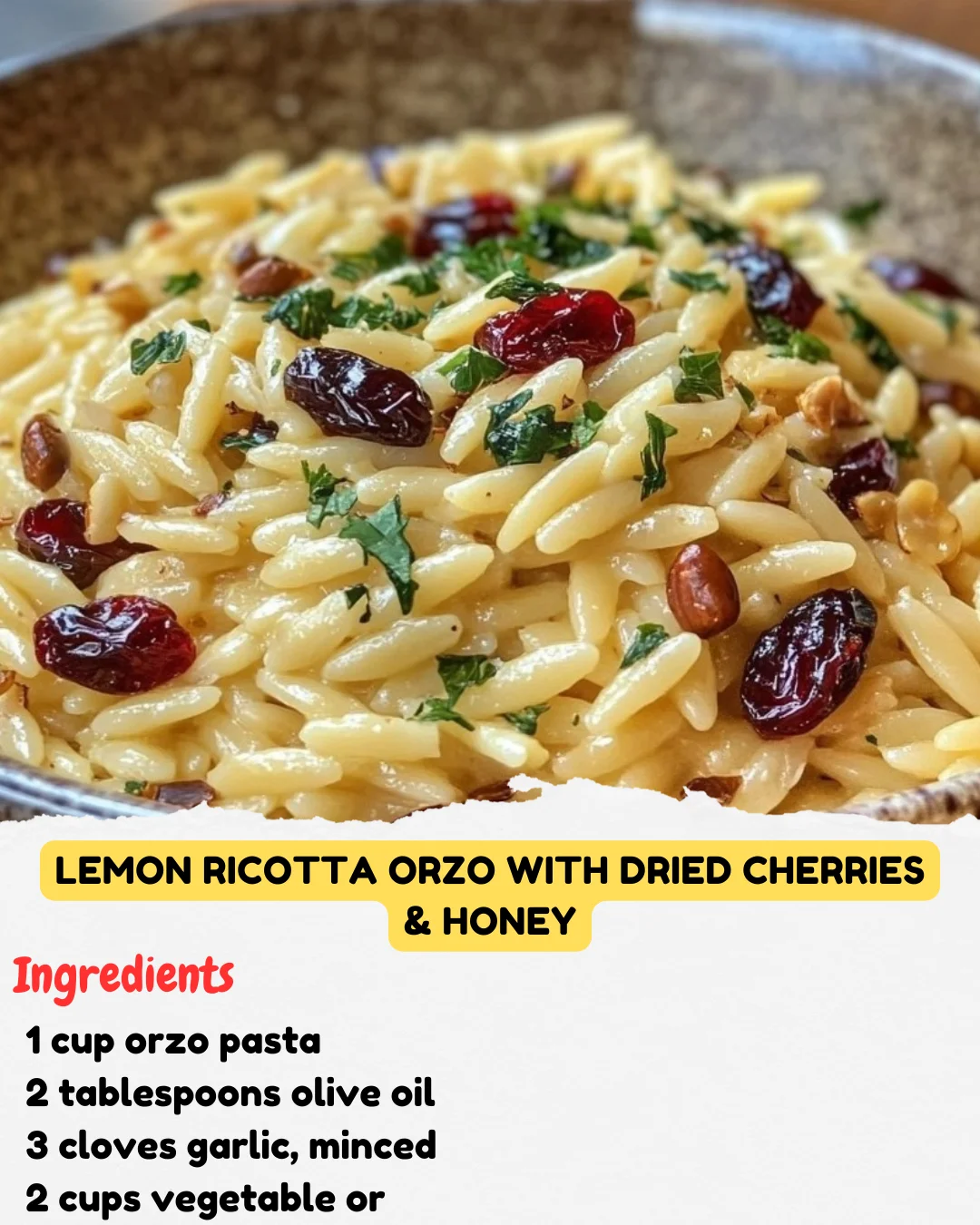 Lemon Ricotta Orzo with Dried Cherries & Honey