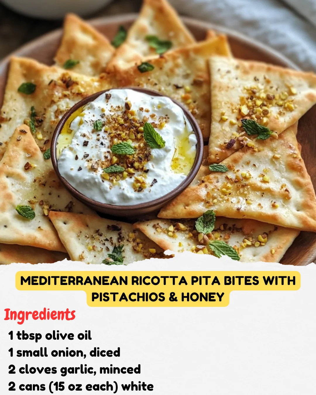 Mediterranean Ricotta Pita Bites with Pistachios & Honey