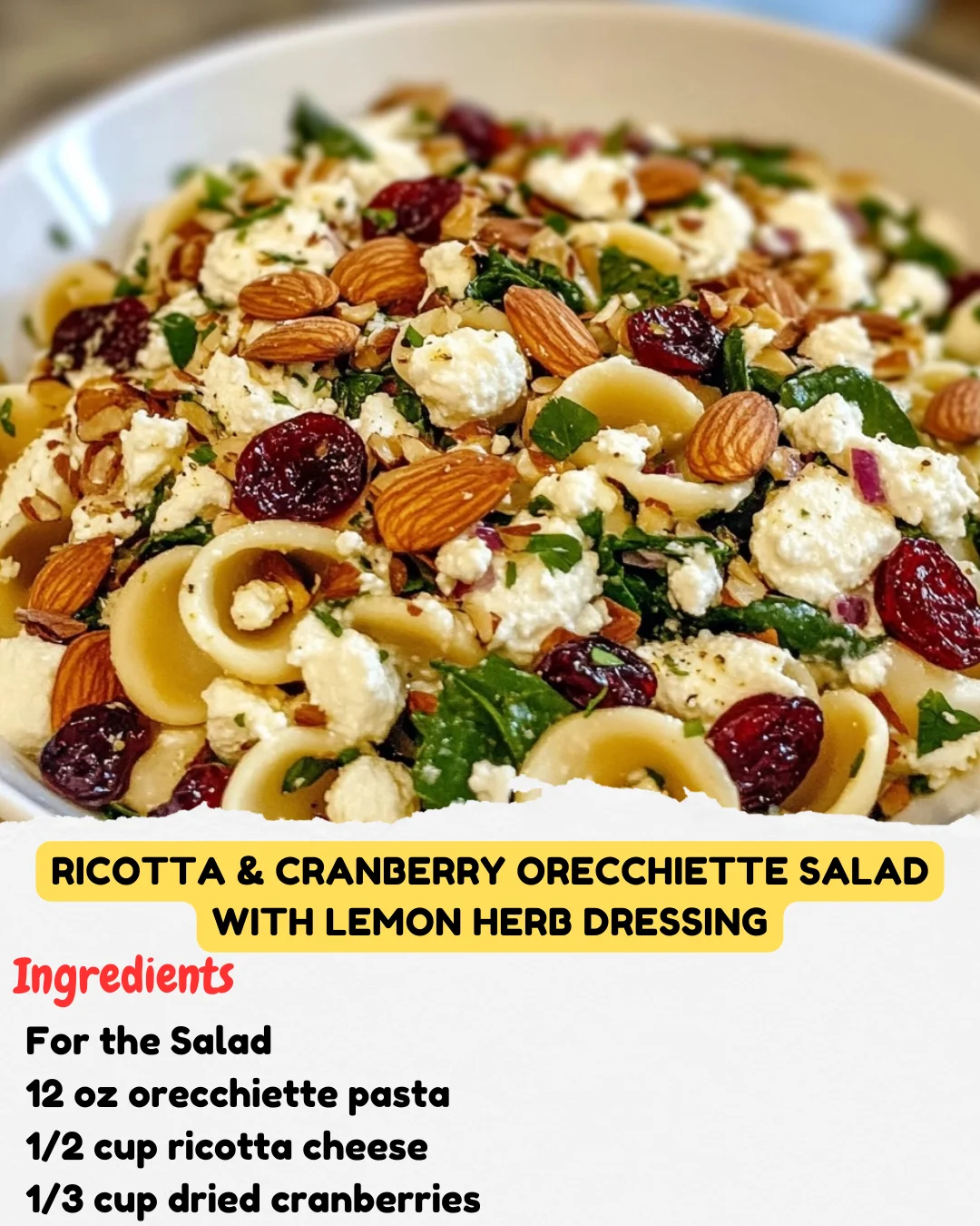 Ricotta & Cranberry Orecchiette Salad with Lemon Herb Dressing