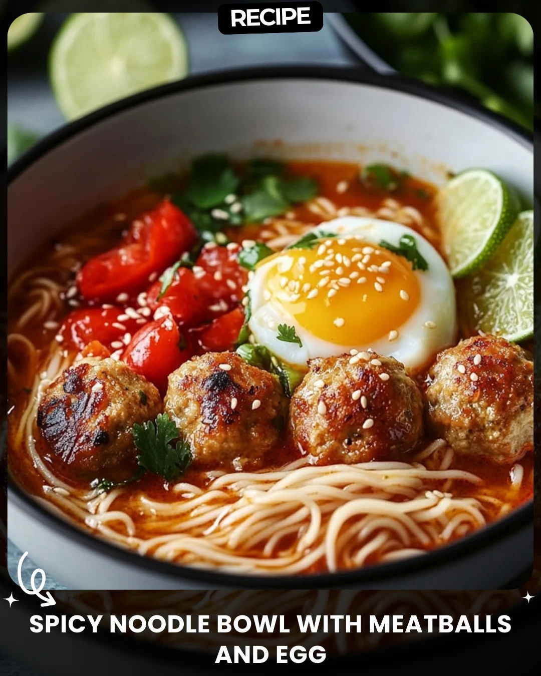 Spicy Noodle Bowl with Meatballs and Egg