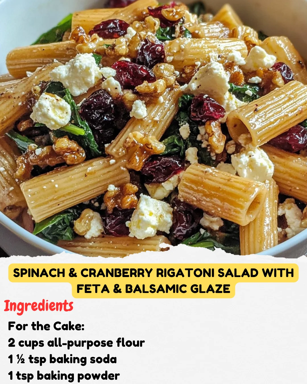 Spinach & Cranberry Rigatoni Salad with Feta & Balsamic Glaze