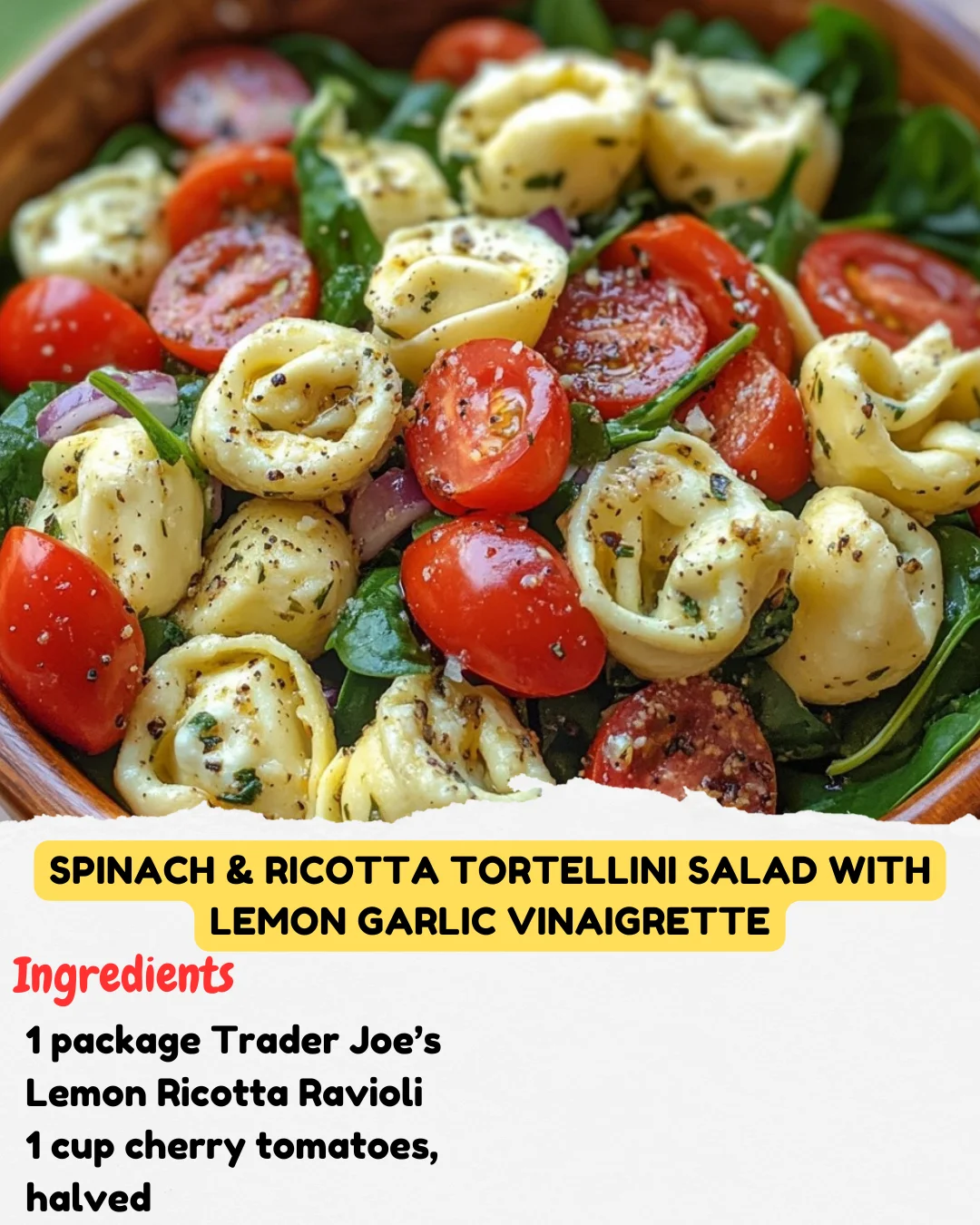 Spinach & Ricotta Tortellini Salad with Lemon Garlic Vinaigrette