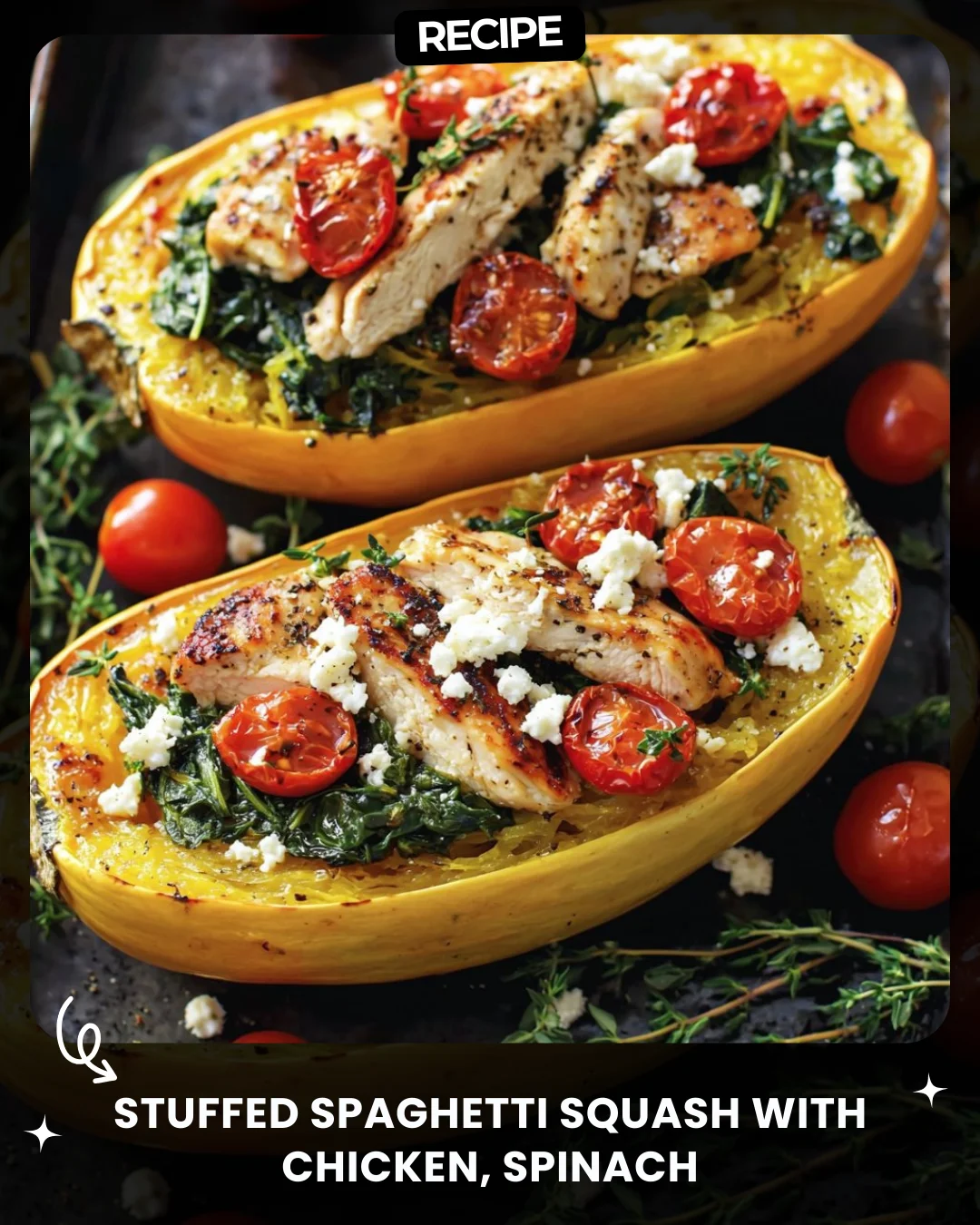 Stuffed Spaghetti Squash with Chicken, Spinach, and Roasted Tomatoes