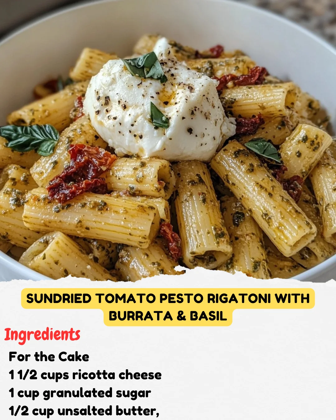 Sundried Tomato Pesto Rigatoni with Burrata & Basil