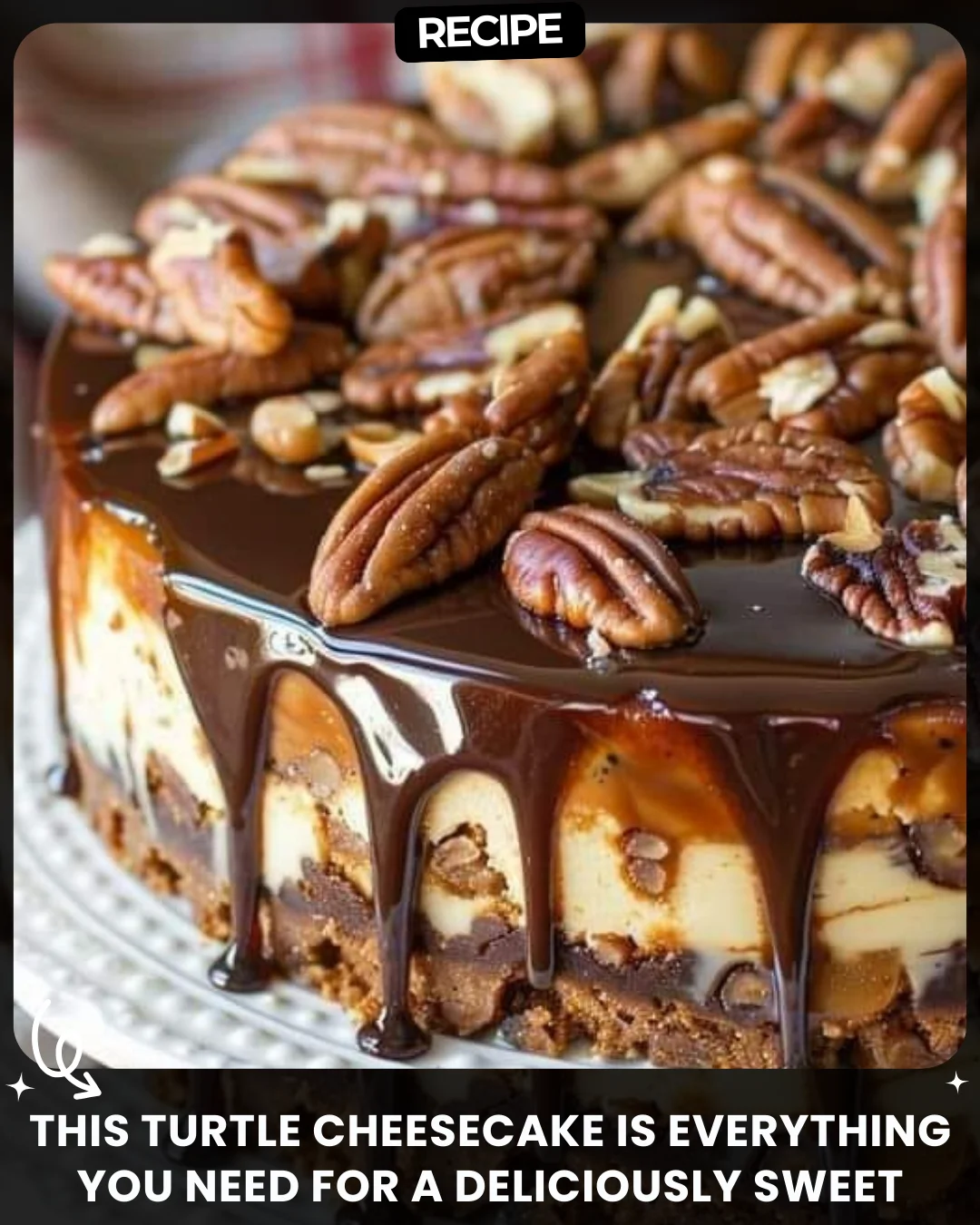 This Turtle Cheesecake is everything you need for a deliciously sweet treat - creamy, rich, and topped with gooey caramel and crunchy pecans!