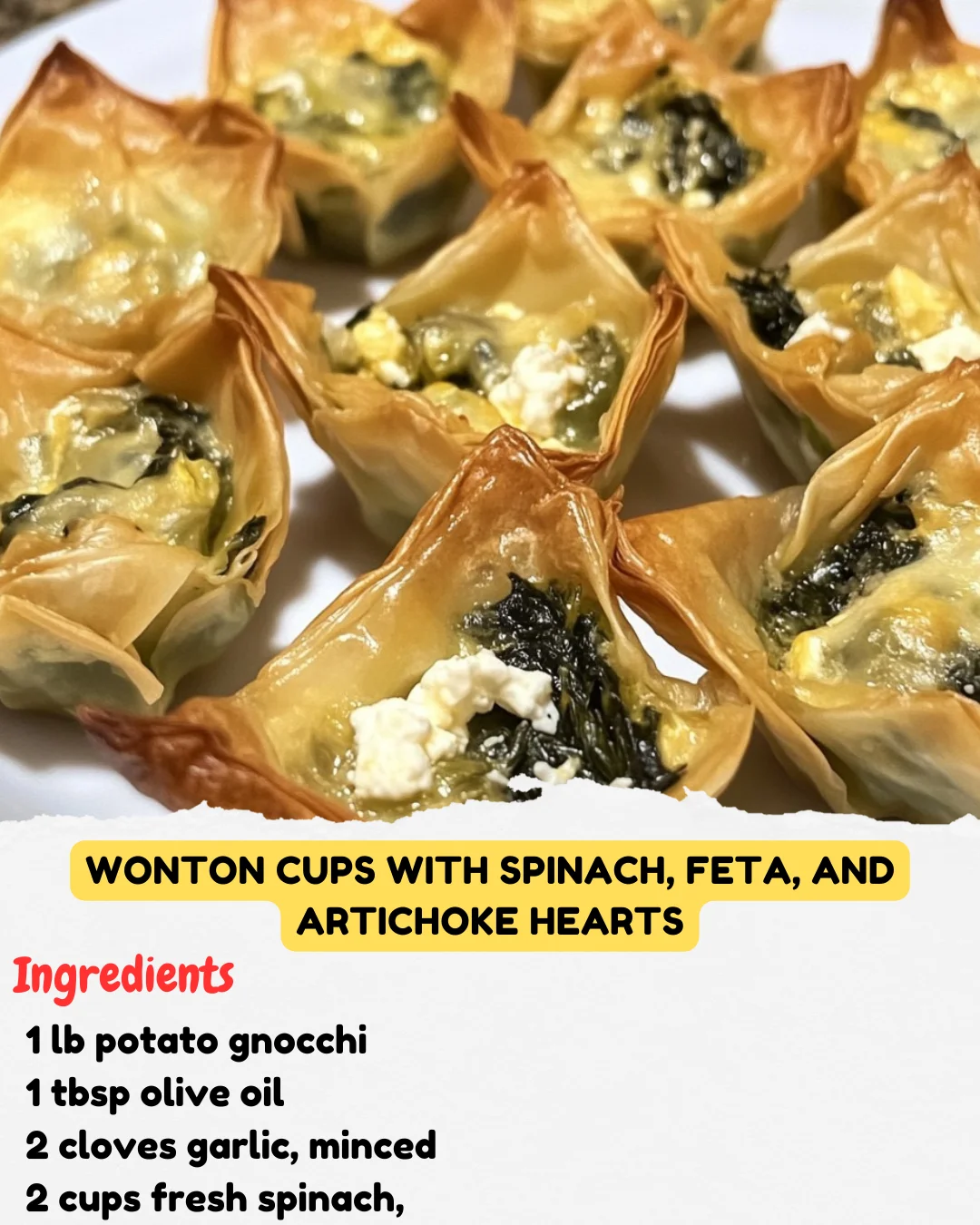 Wonton Cups with Spinach, Feta, and Artichoke Hearts