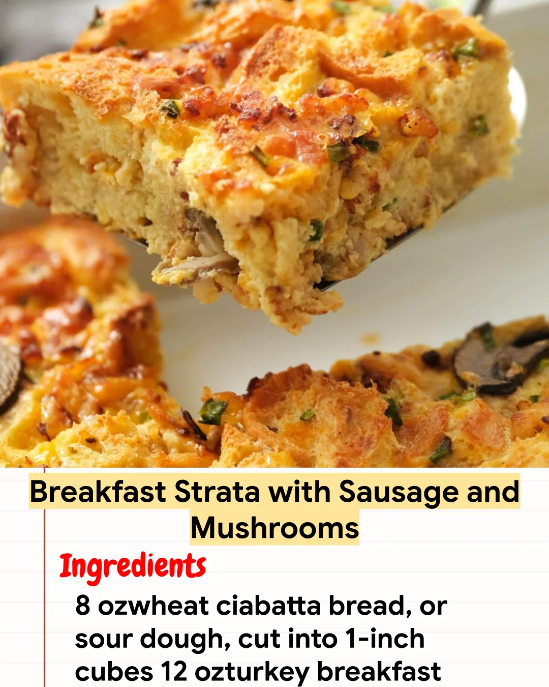 High protein Recipe Breakfast Strata with Sausage and Mushrooms