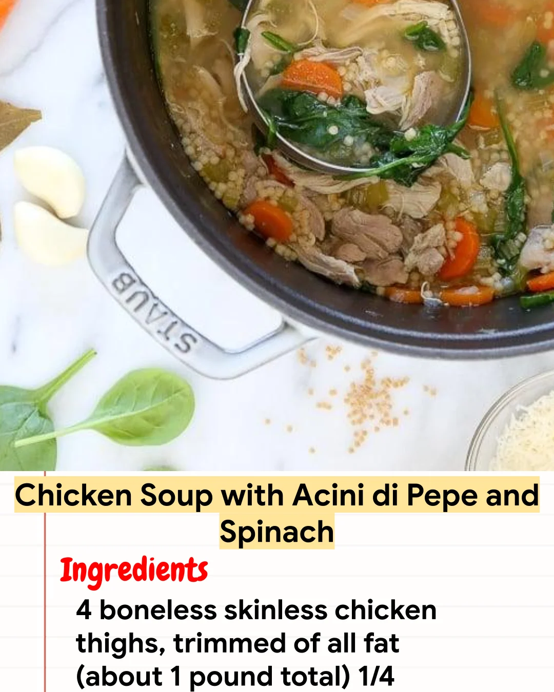 High protein Recipe Chicken Soup with Acini di Pepe and Spinach