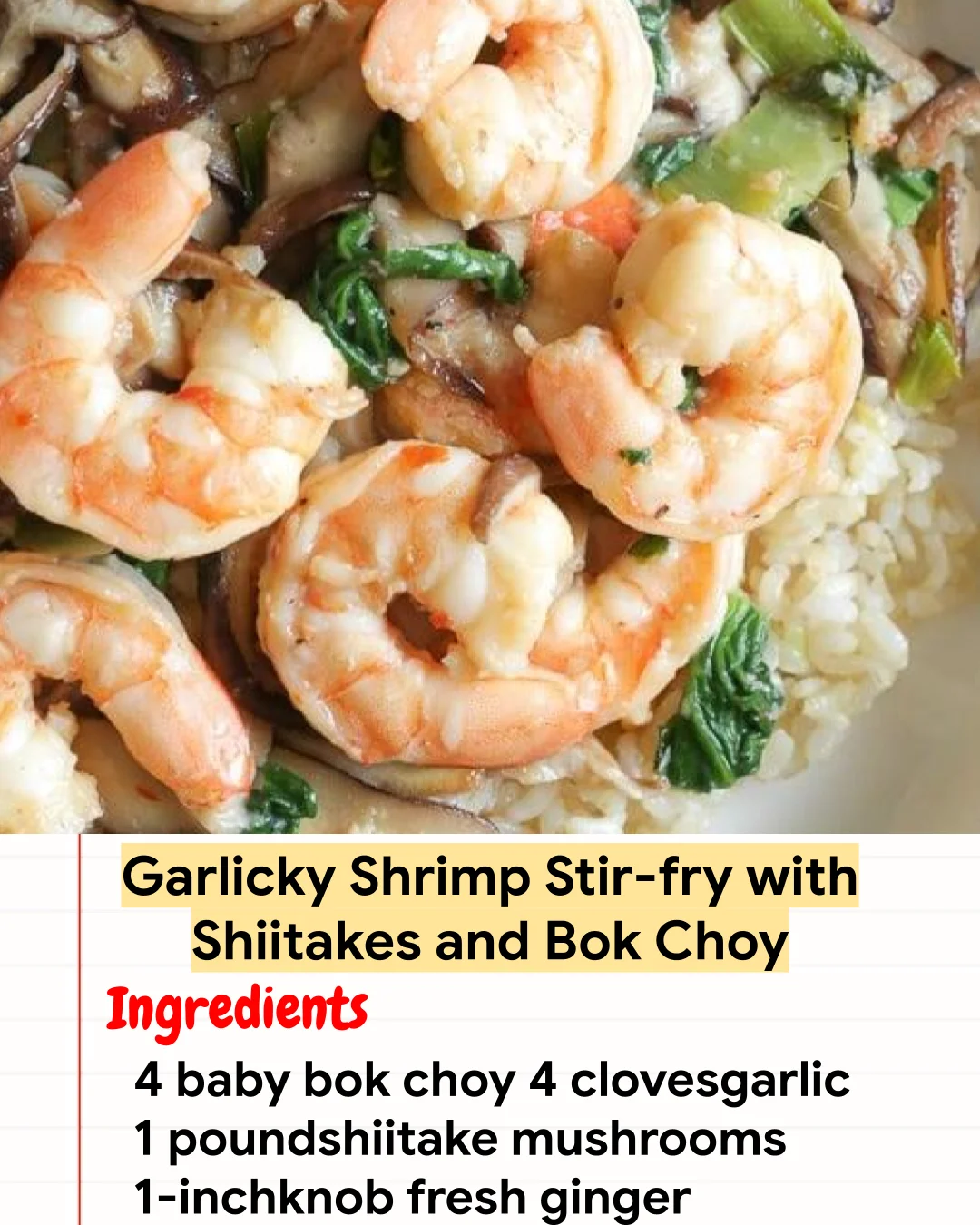 High protein Recipe Garlicky Shrimp Stir-fry with Shiitakes and Bok Choy