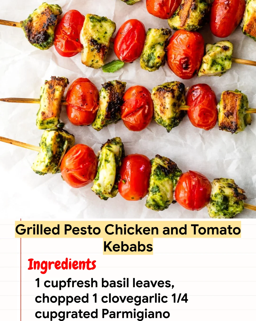 High protein Recipe Grilled Pesto Chicken and Tomato Kebabs
