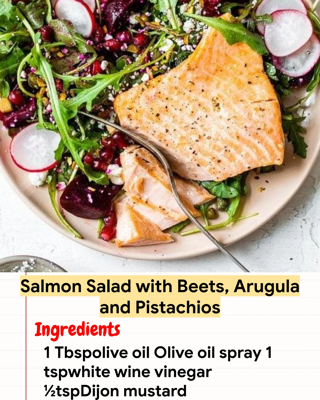 High protein Recipe Salmon Salad with Beets, Arugula and Pistachios