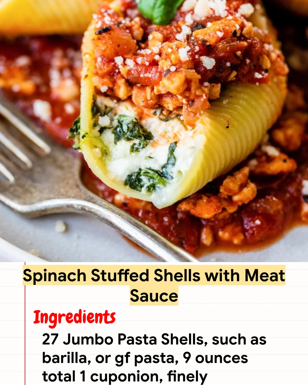 High protein Recipe Spinach Stuffed Shells with Meat Sauce