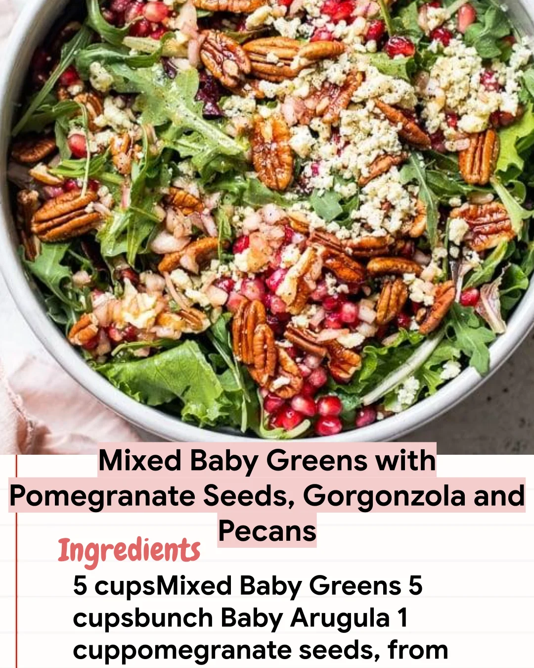 Low Carb Recipe Mixed Baby Greens with Pomegranate Seeds, Gorgonzola and Pecans