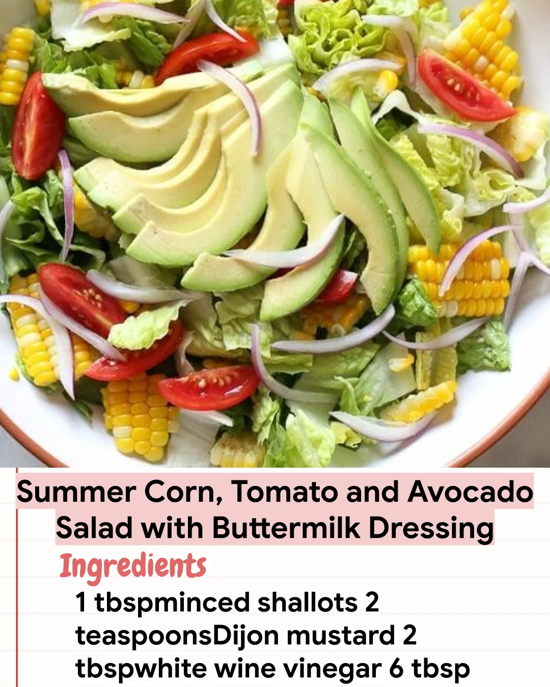 Low Carb Recipe Summer Corn, Tomato and Avocado Salad with Buttermilk Dressing